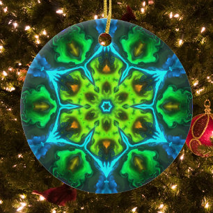 Psychedelic Kaleidoscope Green Blue and Orange Ceramic Ornament