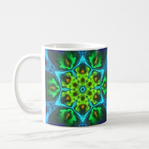 Psychedelic Kaleidoscope Green Blue and Orange Coffee Mug