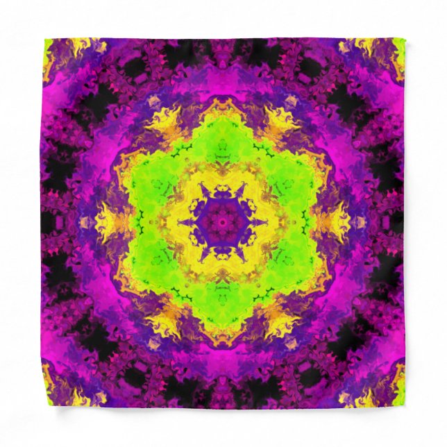 Psychedelic Kaleidoscope Green Yellow and Purple Bandana (Front)