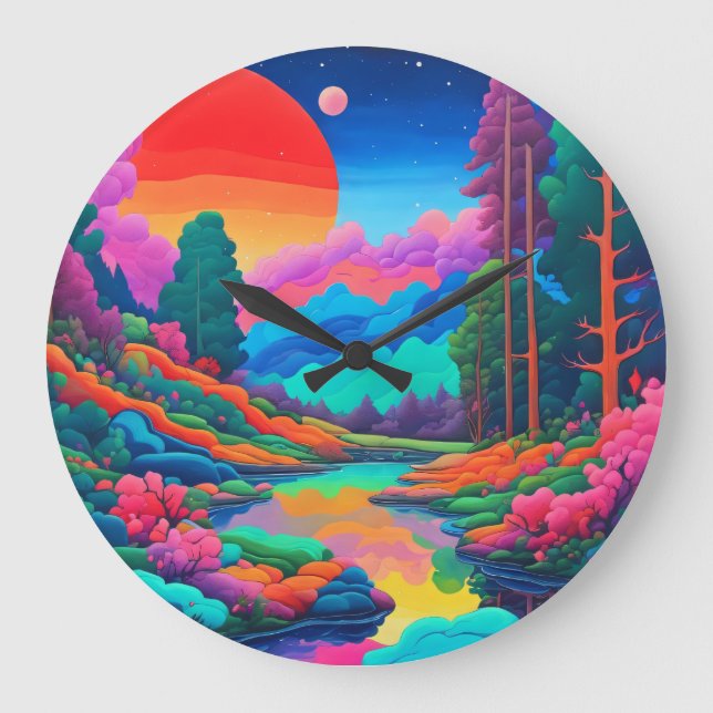 Psychedelic landscape pink green art  large clock (Front)