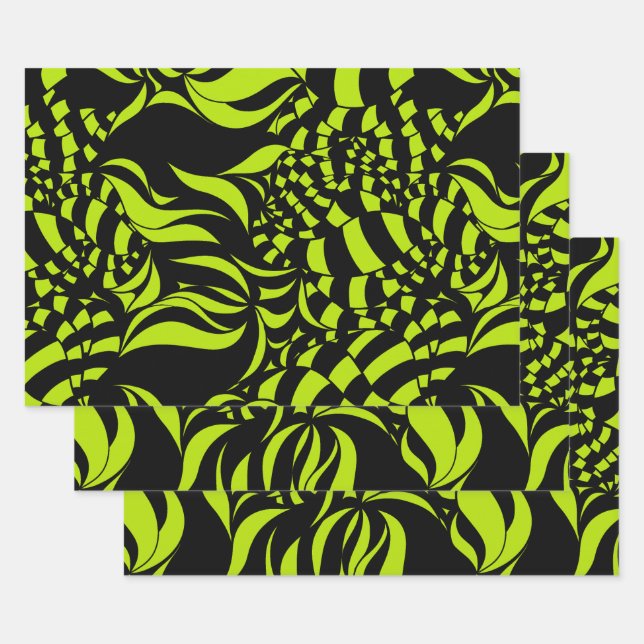 Psychedelic Lime Green and Black pattern Wrapping Paper Sheets (Set)