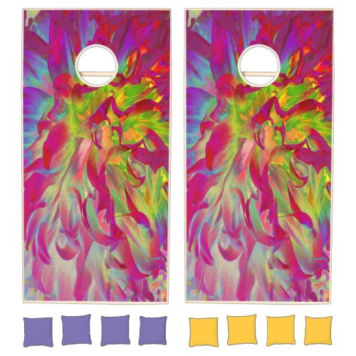 Psychedelic Magenta and Yellow Dahlia Flower Cornhole Set