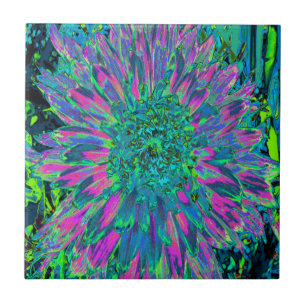 Psychedelic Magenta, Aqua and Lime Green Dahlia Ceramic Tile
