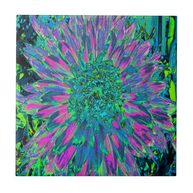 Psychedelic Magenta, Aqua and Lime Green Dahlia Ceramic Tile (Front)