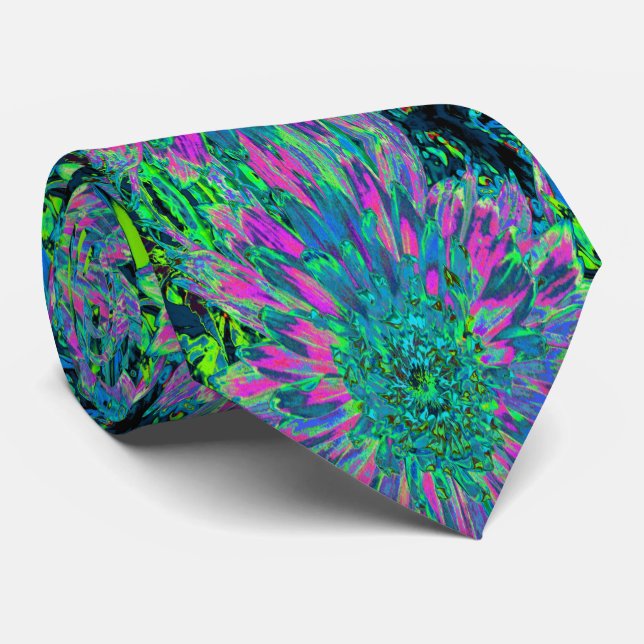 Psychedelic Magenta, Aqua and Lime Green Dahlia Neck Tie (Rolled)