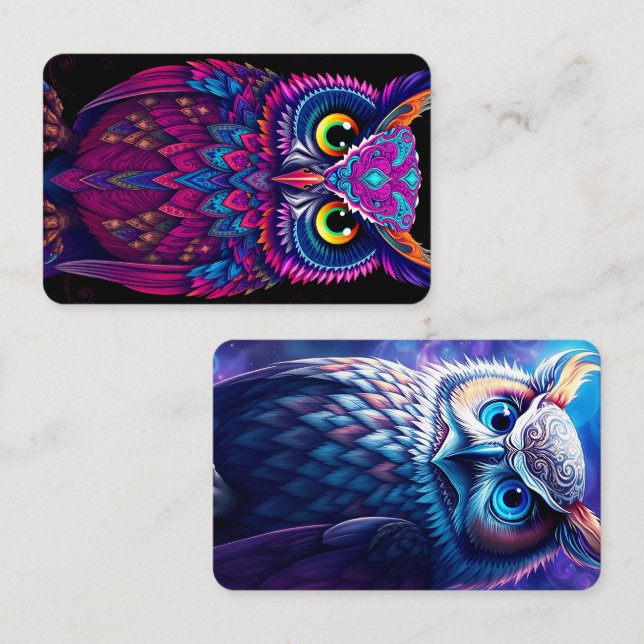 Psychedelic Magenta & Blue Owl | Trippy Abstract  Business Card (Front/Back)