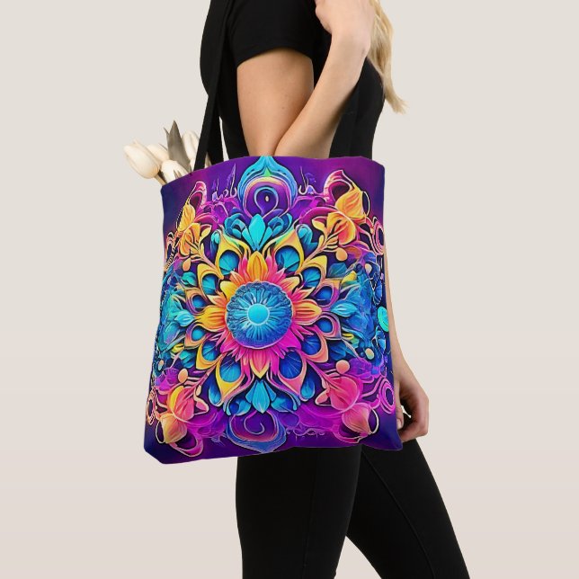 Psychedelic Mandala Design Tote Bag (Close Up)