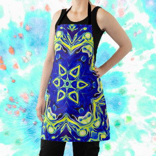 Psychedelic Mandala Flower Blue and Yellow Apron