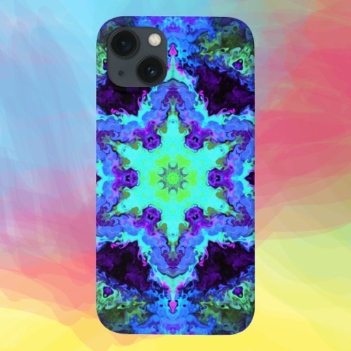 Psychedelic Mandala Flower Blue Green and Purple iPhone 13 Case