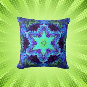 Psychedelic Mandala Flower Blue Green and Purple Throw Pillow