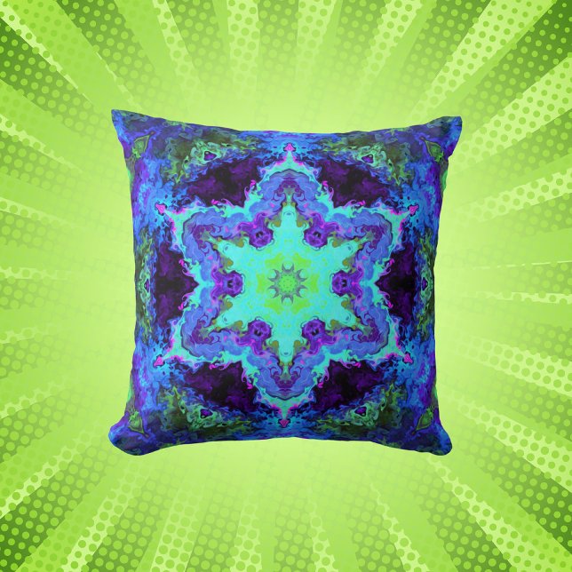 Psychedelic Mandala Flower Blue Green and Purple Throw Pillow (Creator Uploaded)