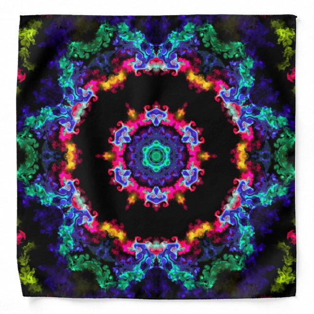 Psychedelic Mandala Flower Blue Green and Yellow Bandana (Front)
