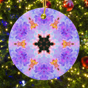 Psychedelic Mandala Flower Blue Pink and Yellow Ceramic Ornament