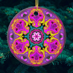 Psychedelic Mandala Flower Blue Pink and Yellow Ceramic Ornament