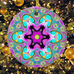 Psychedelic Mandala Flower Blue Pink and Yellow Ceramic Ornament