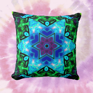 Psychedelic Mandala Flower Blue Purple and Green Throw Pillow