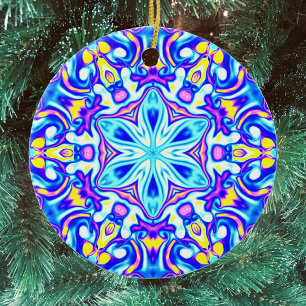 Psychedelic Mandala Flower Blue Purple and Yellow Ceramic Ornament