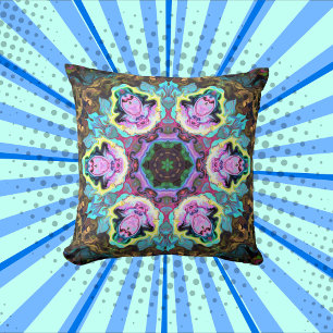 Psychedelic Mandala Flower Blue Yellow and Pink Throw Pillow