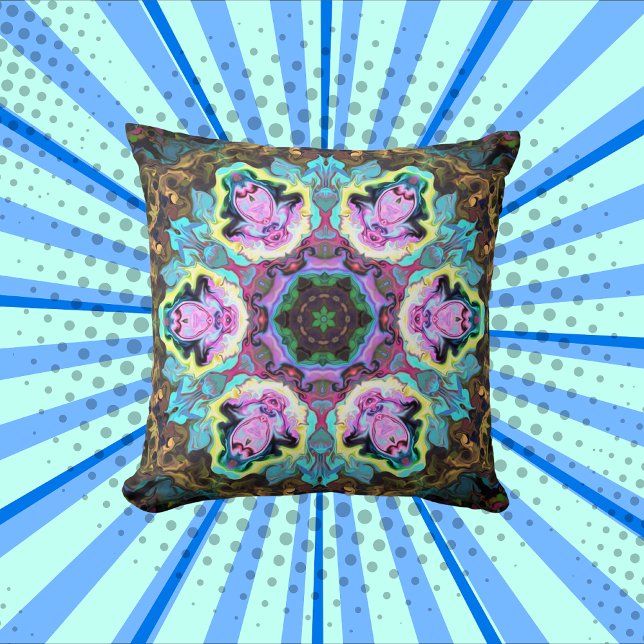 Psychedelic Mandala Flower Blue Yellow and Pink Throw Pillow (Creator Uploaded)