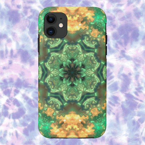 Psychedelic Mandala Flower Green and Yellow iPhone 11 Case