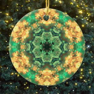 Psychedelic Mandala Flower Green and Yellow Ceramic Ornament