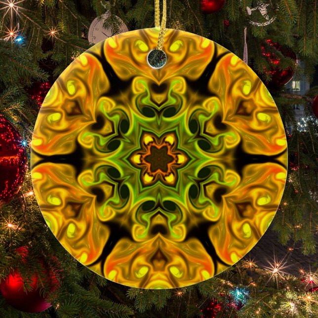 Psychedelic Mandala Flower Green and Yellow Ceramic Ornament (Creator Uploaded)