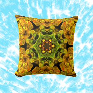 Psychedelic Mandala Flower Green and Yellow Throw Pillow