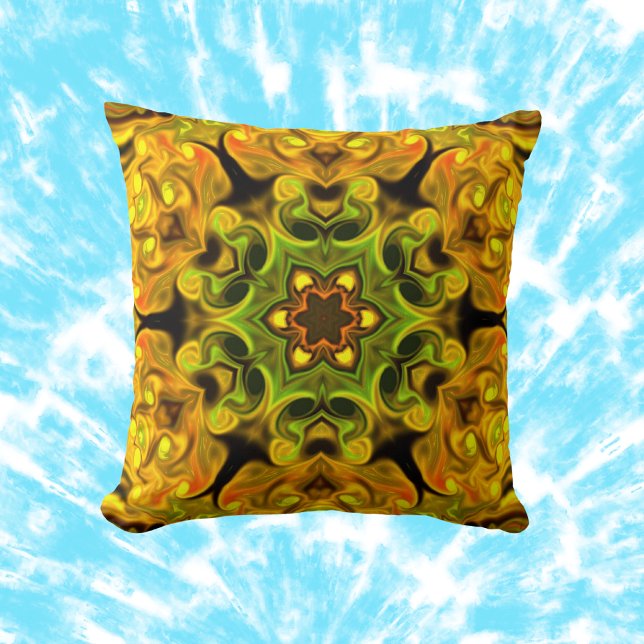Psychedelic Mandala Flower Green and Yellow Throw Pillow (Creator Uploaded)