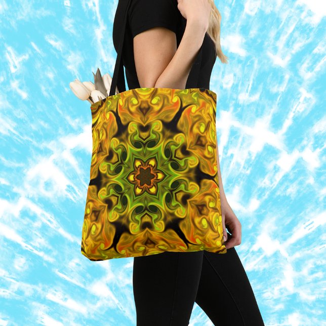 Psychedelic Mandala Flower Green and Yellow Tote Bag (Creator Uploaded)