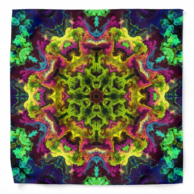 Psychedelic Mandala Flower Green Blue and Purple Bandana (Front)