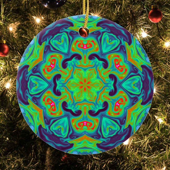 Psychedelic Mandala Flower Green Blue and Red Ceramic Ornament (Creator Uploaded)
