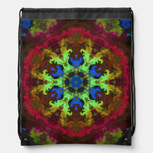 Psychedelic Mandala Flower Green Blue and Red Drawstring Bag