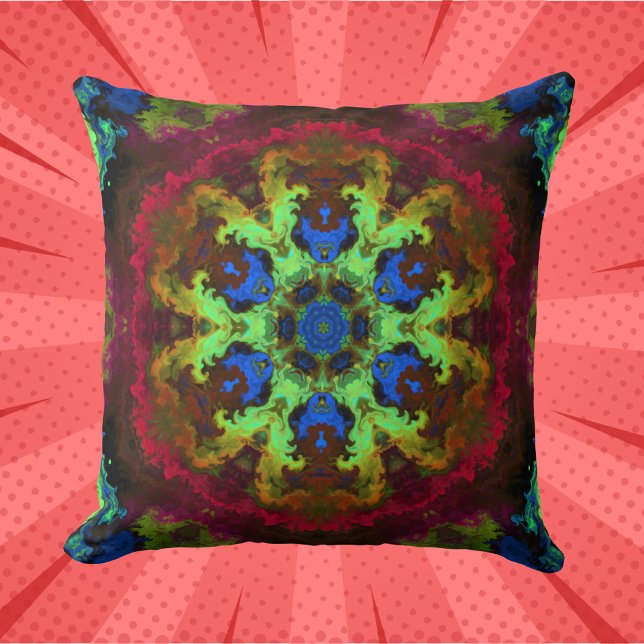Psychedelic Mandala Flower Green Blue and Red Throw Pillow (Creator Uploaded)