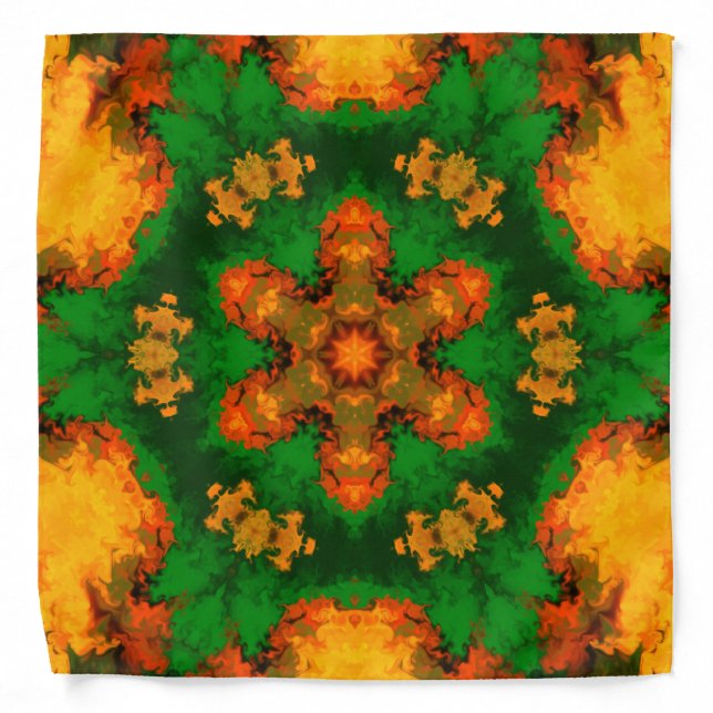 Psychedelic Mandala Flower Green Orange and Yellow Bandana (Front)