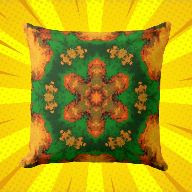 Psychedelic Mandala Flower Green Orange and Yellow Throw Pillow (Creator Uploaded)