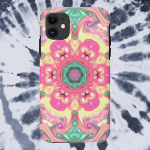 Psychedelic Mandala Flower Green Pink and Yellow iPhone 11 Case