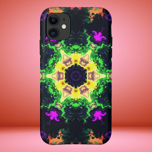 Psychedelic Mandala Flower Green Purple and Yellow iPhone 11 Case