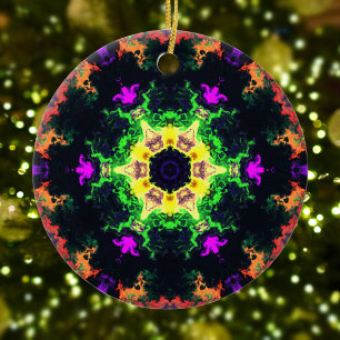 Psychedelic Mandala Flower Green Purple and Yellow Ceramic Ornament