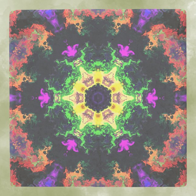 Psychedelic Mandala Flower Green Purple and Yellow Stone Coaster (Creator Uploaded)