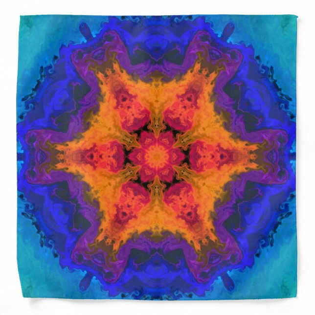 Psychedelic Mandala Flower Orange Red and Blue Bandana (Front)