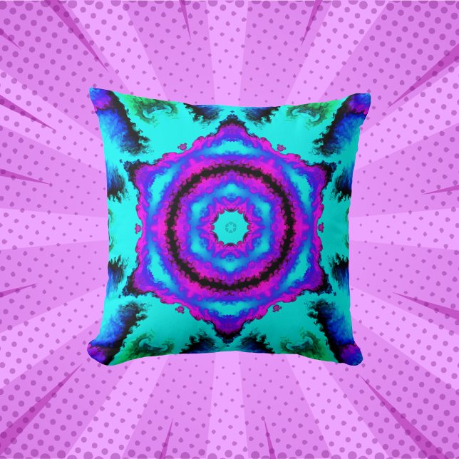 Psychedelic Mandala Flower Pink Purple and Blue Throw Pillow (Creator Uploaded)