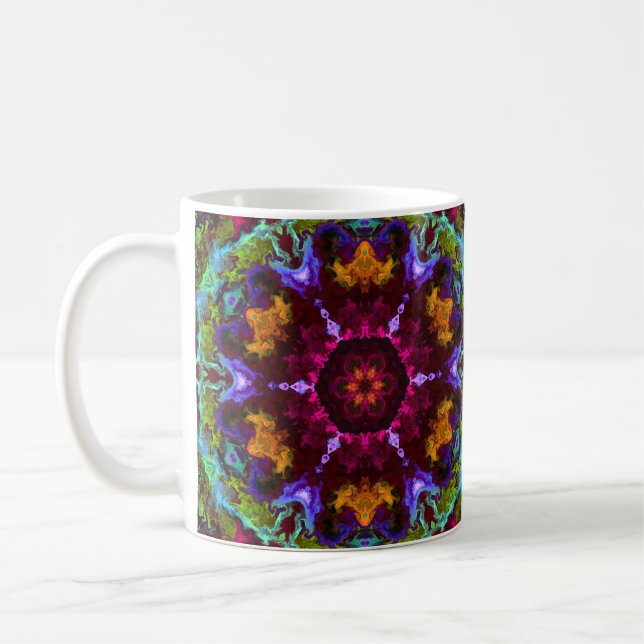 Psychedelic Mandala Flower Purple Orange and Green Coffee Mug (Left)