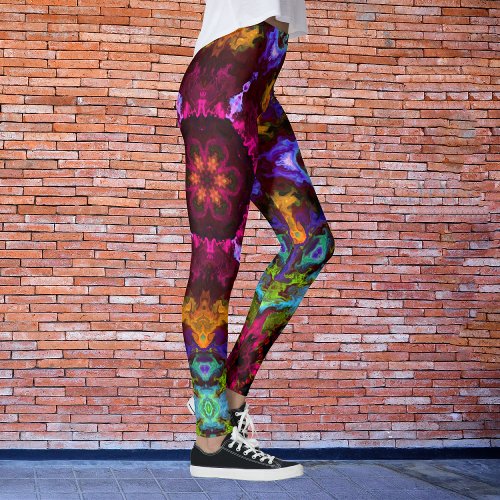 Psychedelic Mandala Flower Purple Orange and Green Leggings