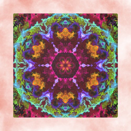 Psychedelic Mandala Flower Purple Orange and Green Metal Print