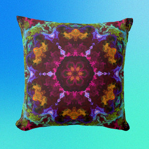 Psychedelic Mandala Flower Purple Orange and Green Throw Pillow
