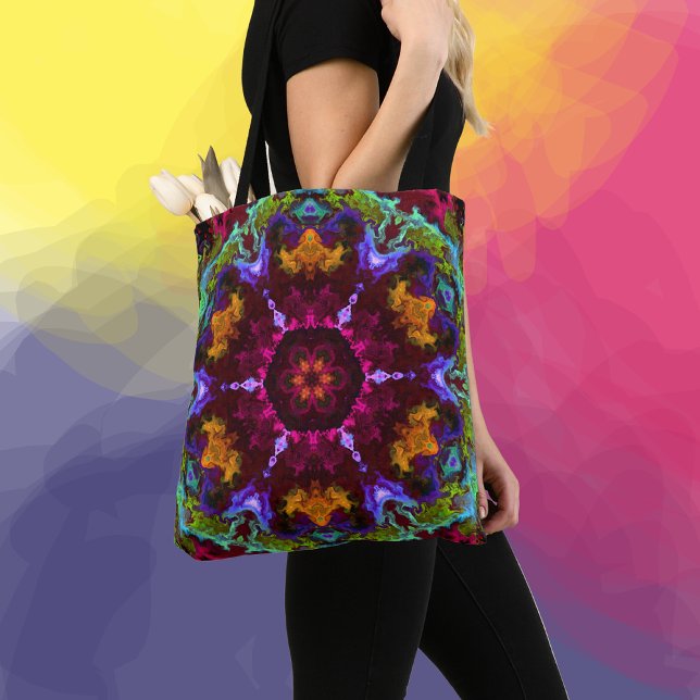 Psychedelic Mandala Flower Purple Orange and Green Tote Bag (Creator Uploaded)