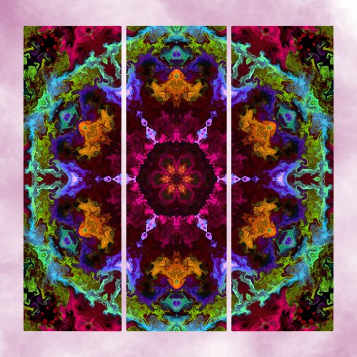 Psychedelic Mandala Flower Purple Orange and Green Triptych