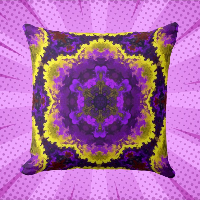 Psychedelic Mandala Flower Yellow and Purple Throw Pillow (Creator Uploaded)