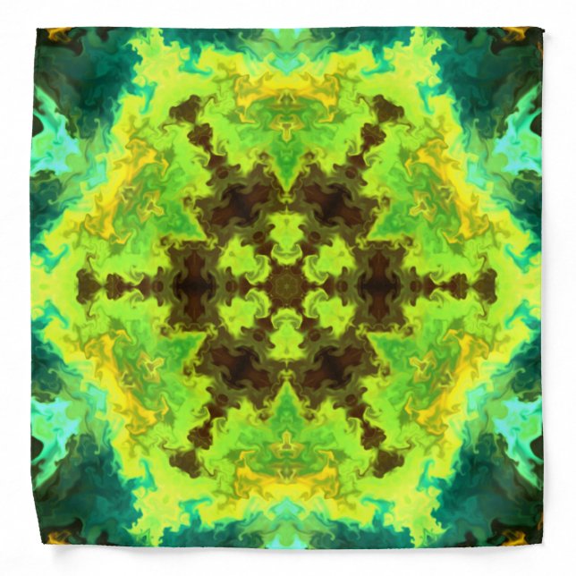 Psychedelic Mandala Flower Yellow Green and Blue Bandana (Front)