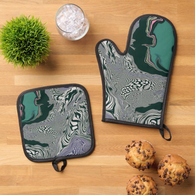 Psychedelic Marble Swirl Oven Mitt & Pot Holder Set (Top Down)